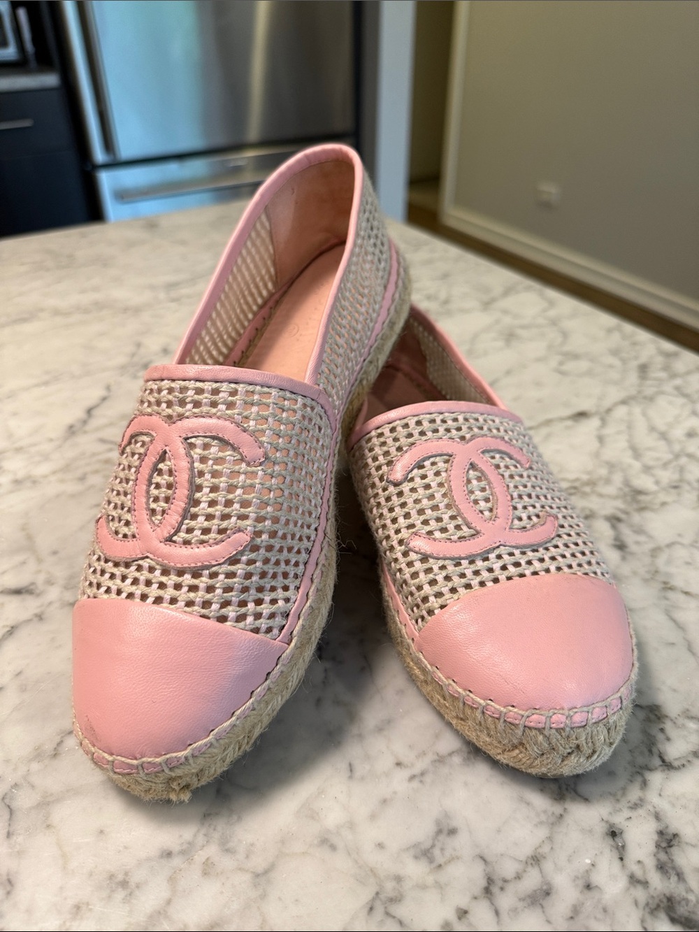 CHANEL Pink Woven Espadrille Flats with Logo